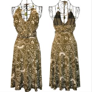 Vintage Y2K Slinky Floral Halter Dress Olive Green Light Cream Ruched Waist Sz M